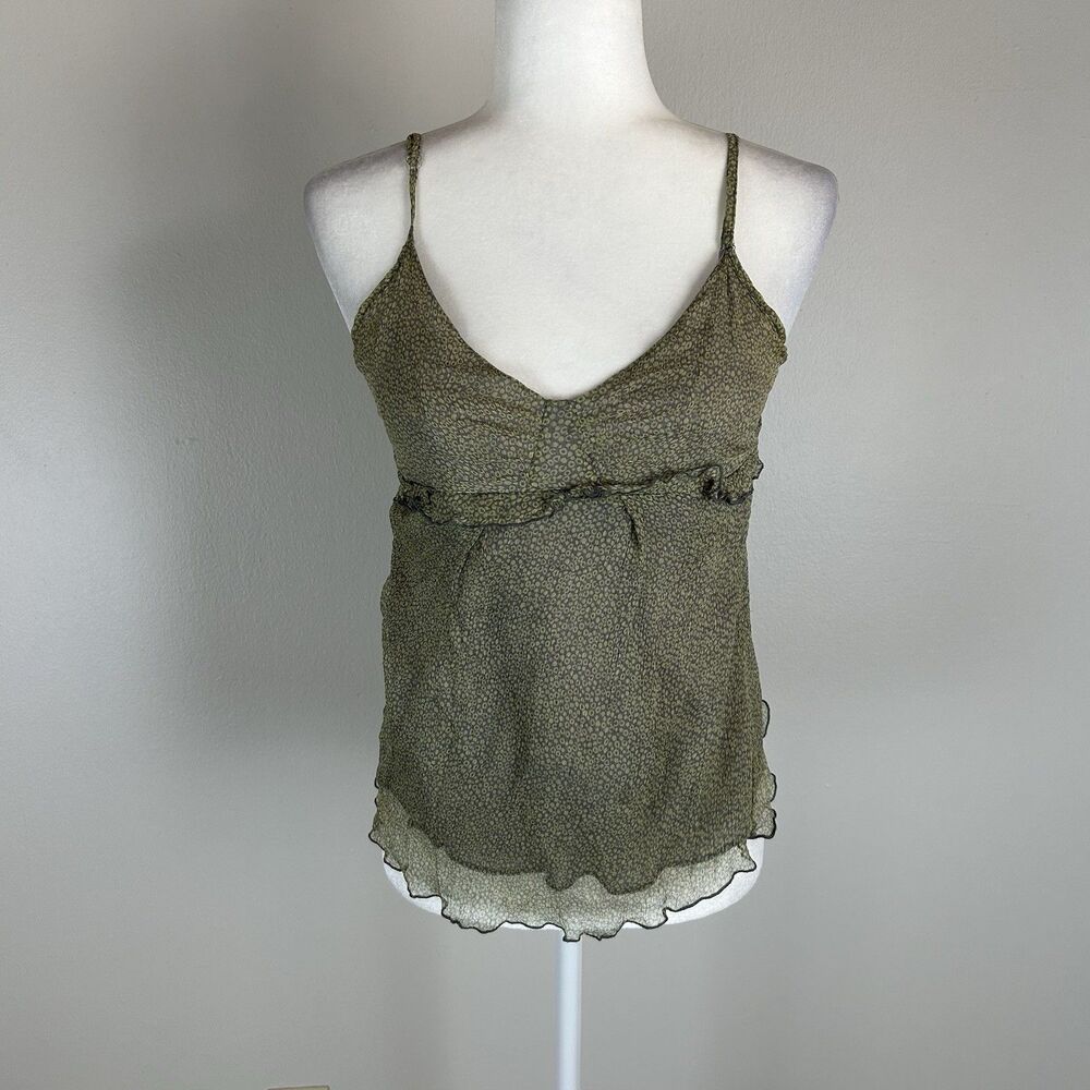 Naf Naf Vintage Silk Top Size L Y2K Green Babydoll Cami Ruffle Boho Grunge